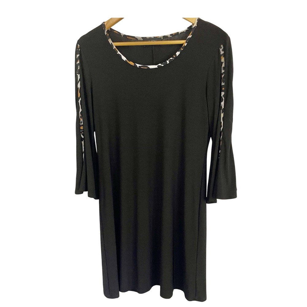 MSK Women's Black Leopard Embellished Bell-Sleeve Mock-Neck Shift Dress Size M